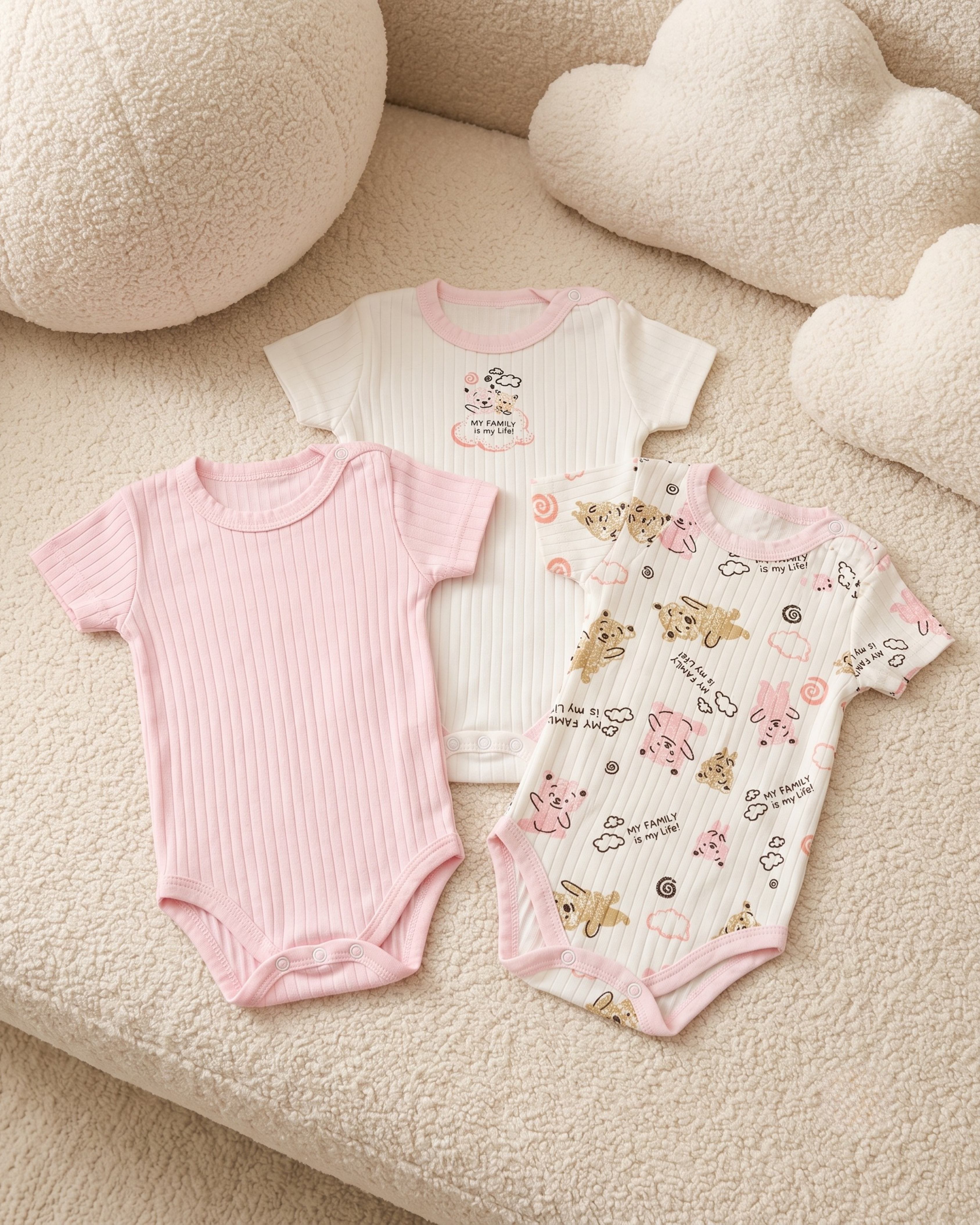Pack de 3 Bodies Bébé Manches Courtes en Coton Côtelé – Rose