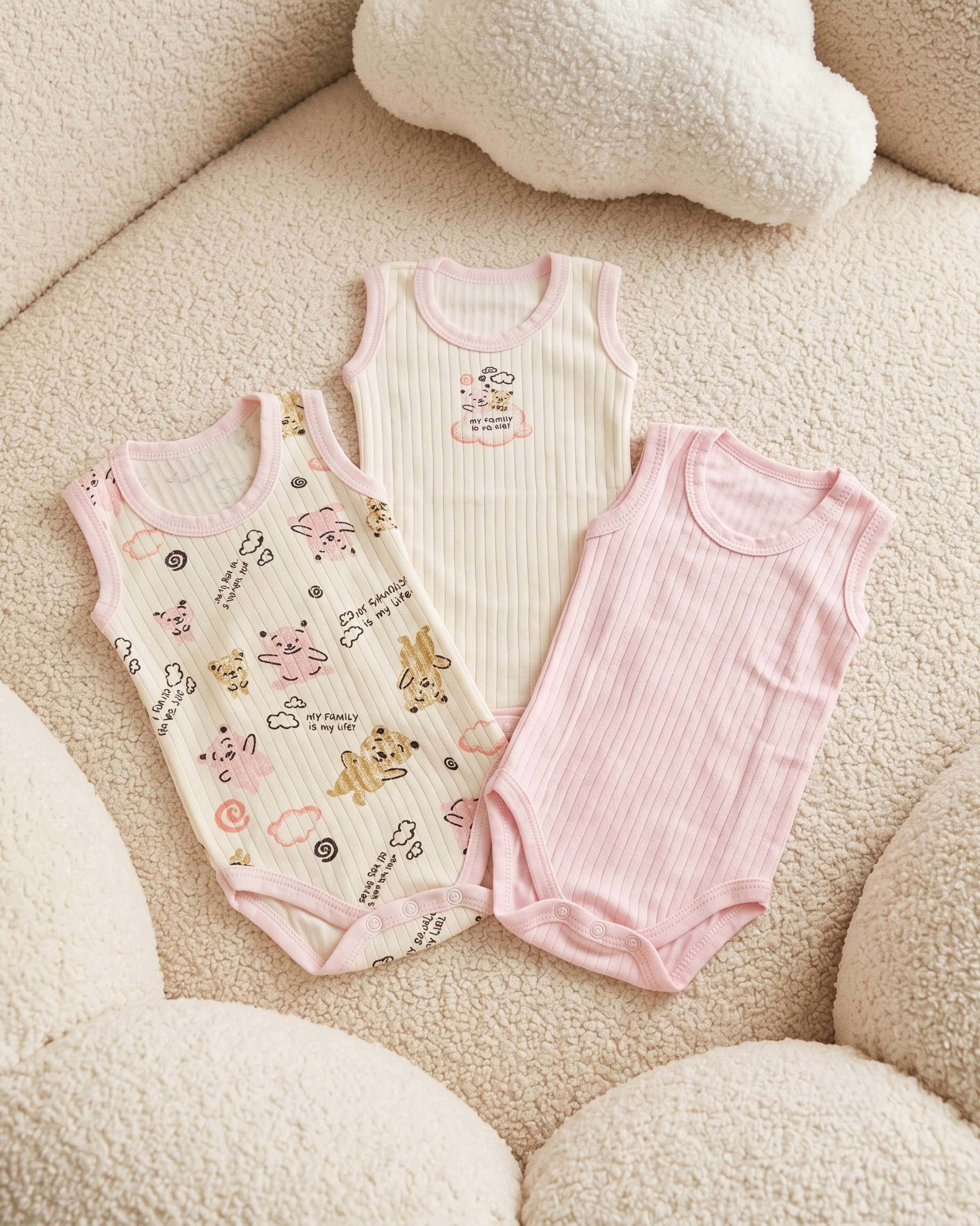 Pack de 3 Bodies Bébé Manches Courtes en Coton Côtelé – Rose