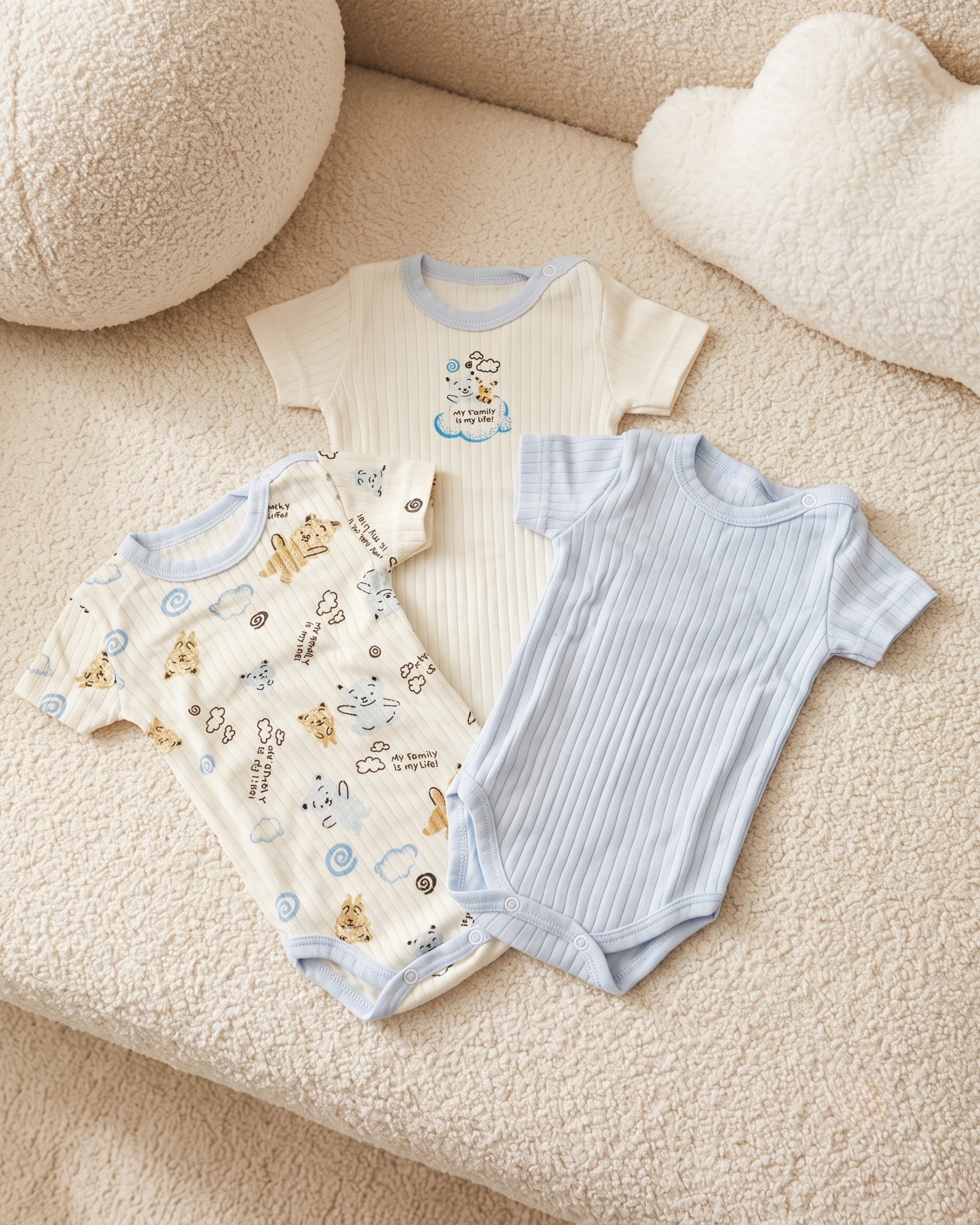 Pack de 3 Bodies Bébé Manches Courtes en Coton Côtelé – Bleu