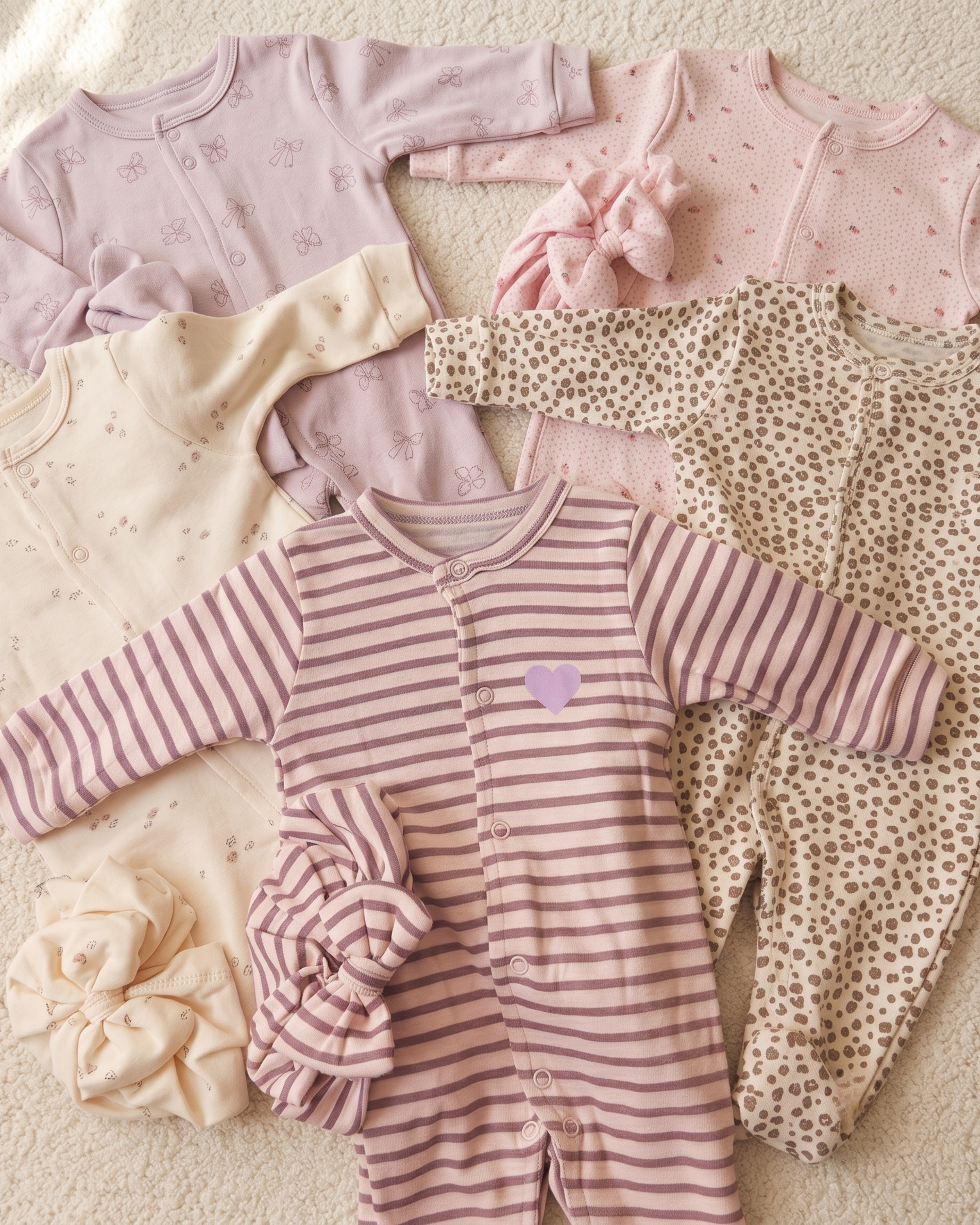 Pack de 5 Grenouillères Bébé Fille avec Bandeaux Assortis – 100% Coton