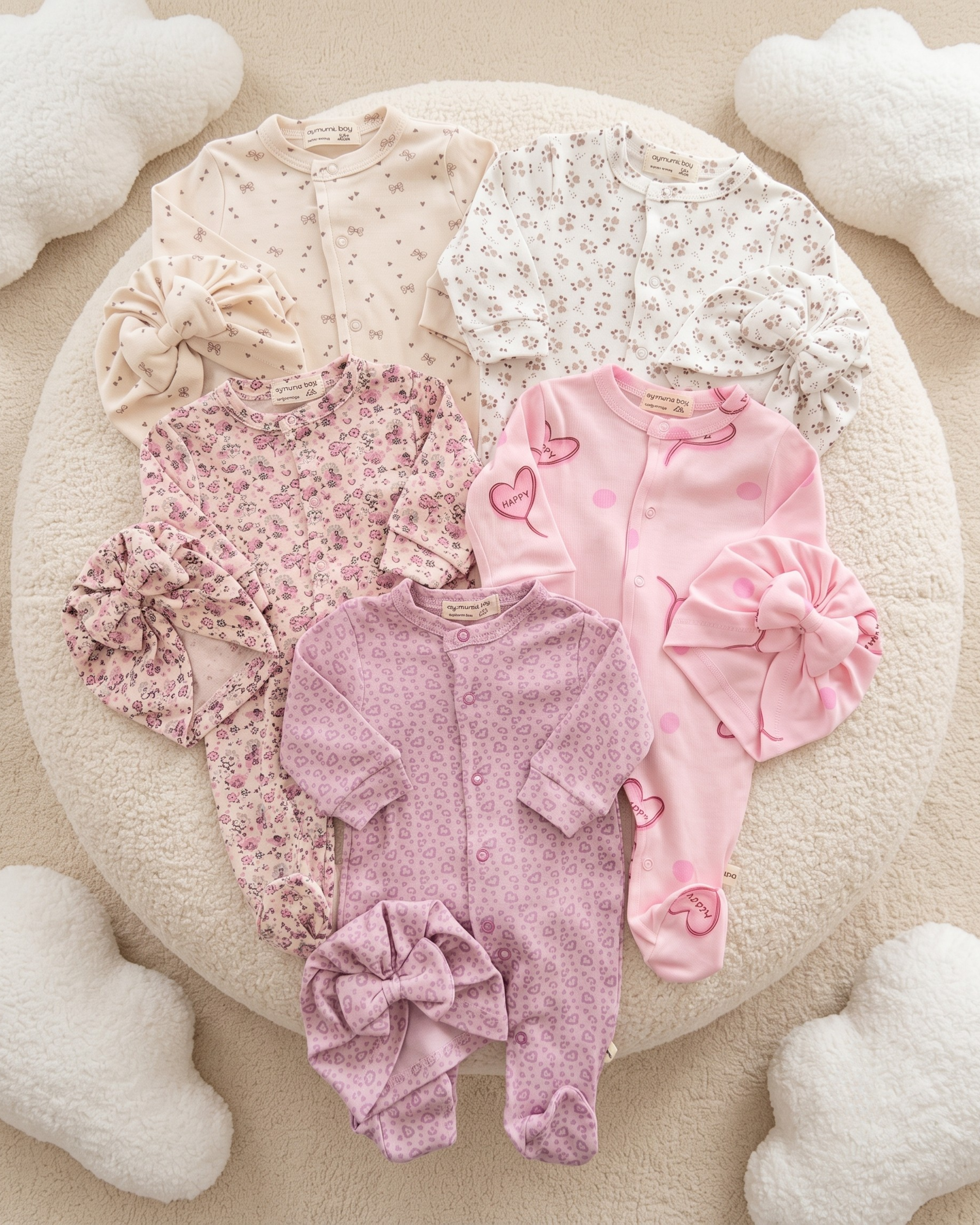 Pack de 5 Grenouillères Bébé Fille avec Bandeaux Assortis – 100% Coton