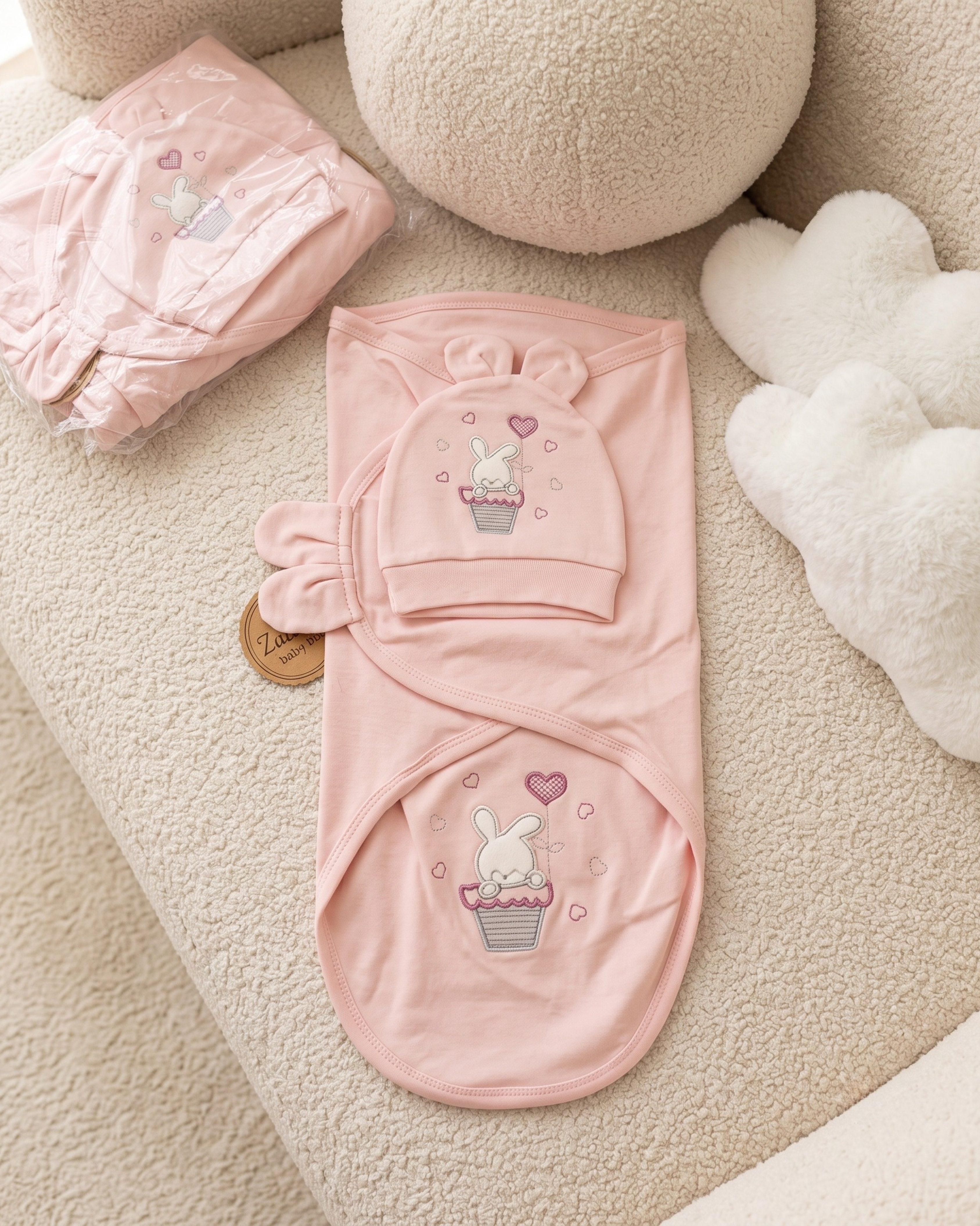 Gamat Couverture Emmaillotage Bébé Fille + Bonnet – 100% Coton