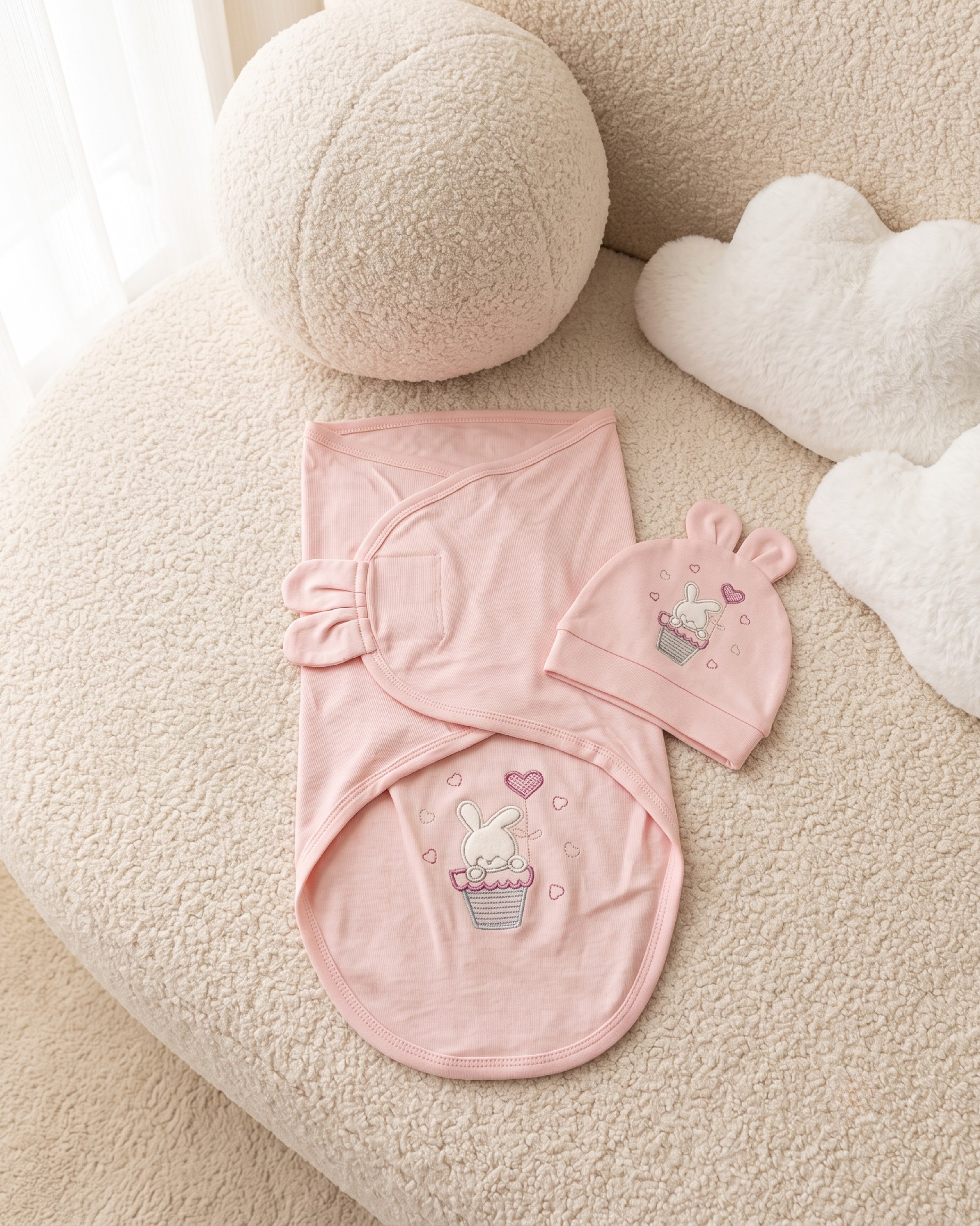 Gamat Couverture Emmaillotage Bébé Fille + Bonnet – 100% Coton