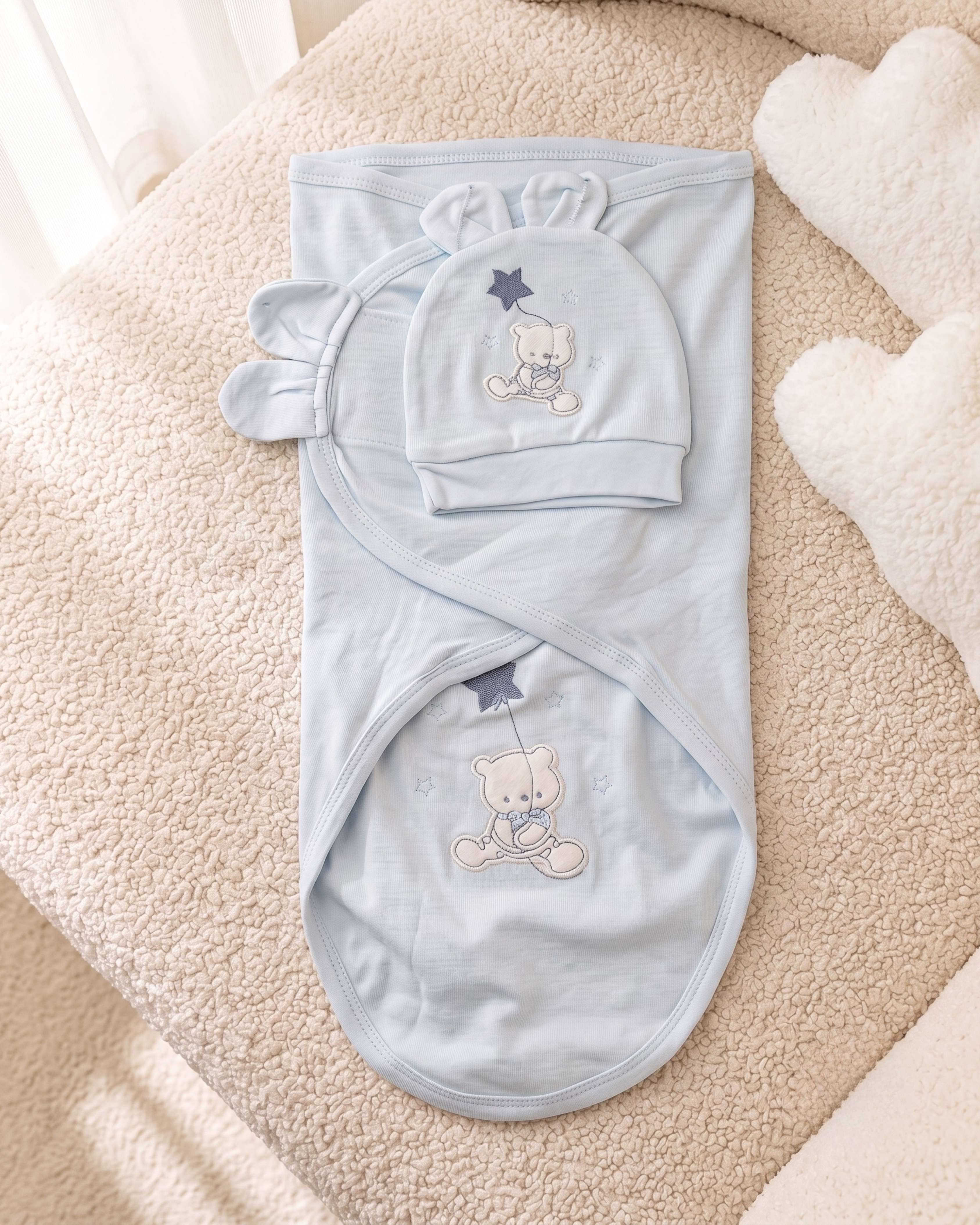 Gamat Couverture Emmaillotage Bébé garçon + Bonnet – 100% Coton