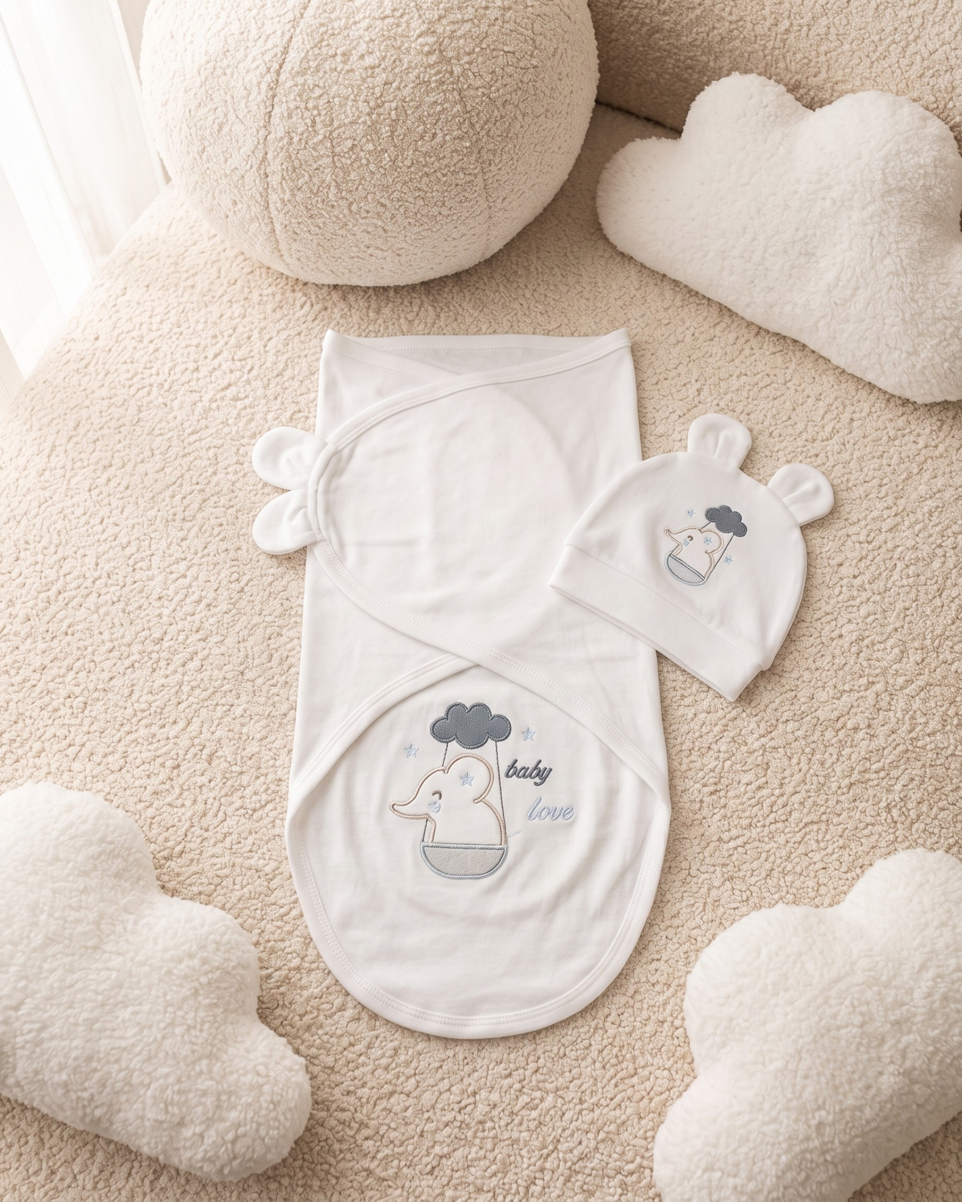 Gamat Couverture Emmaillotage Bébé garçon + Bonnet – 100% Coton
