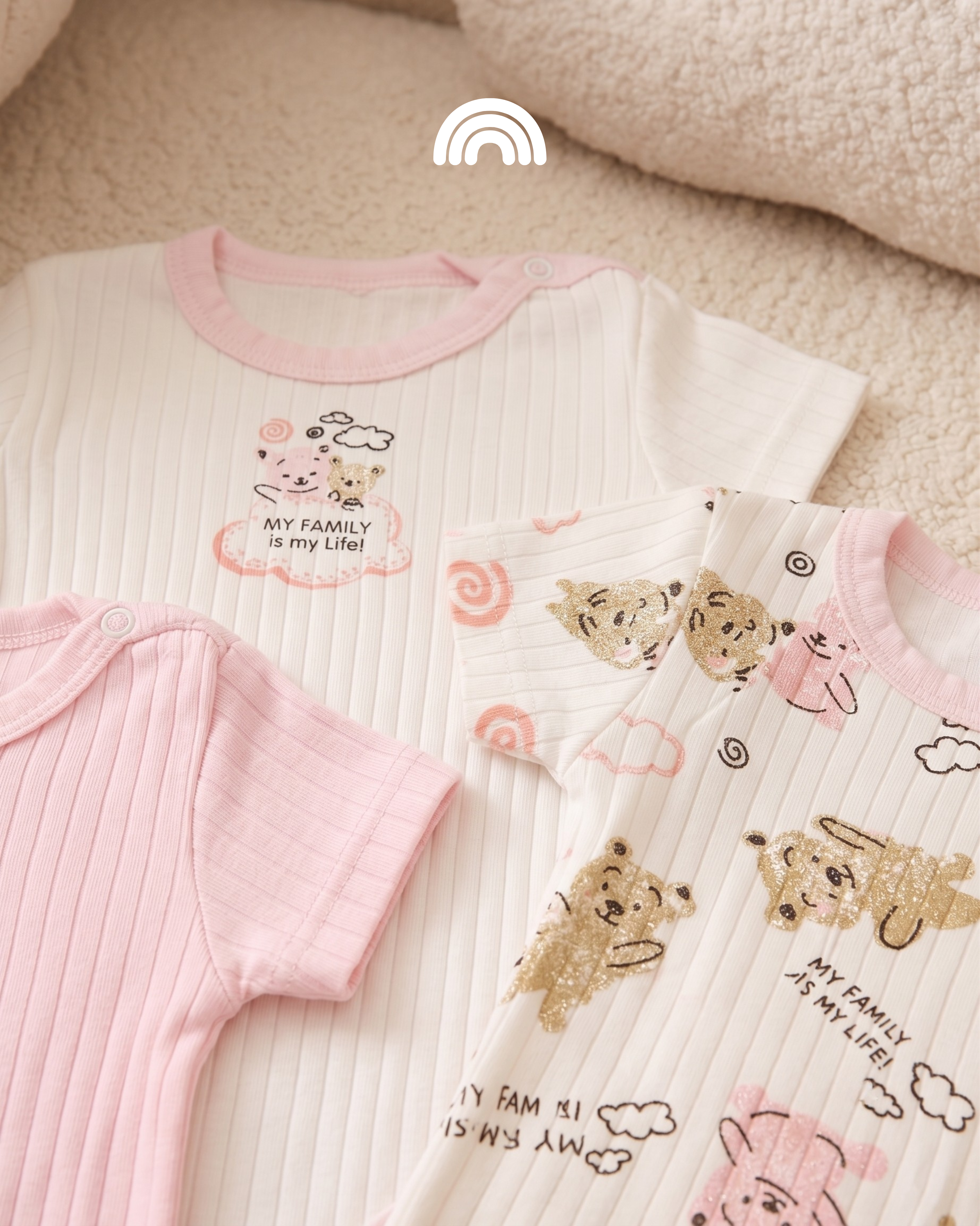 Pack de 3 Bodies Bébé Manches Courtes en Coton Côtelé – Rose