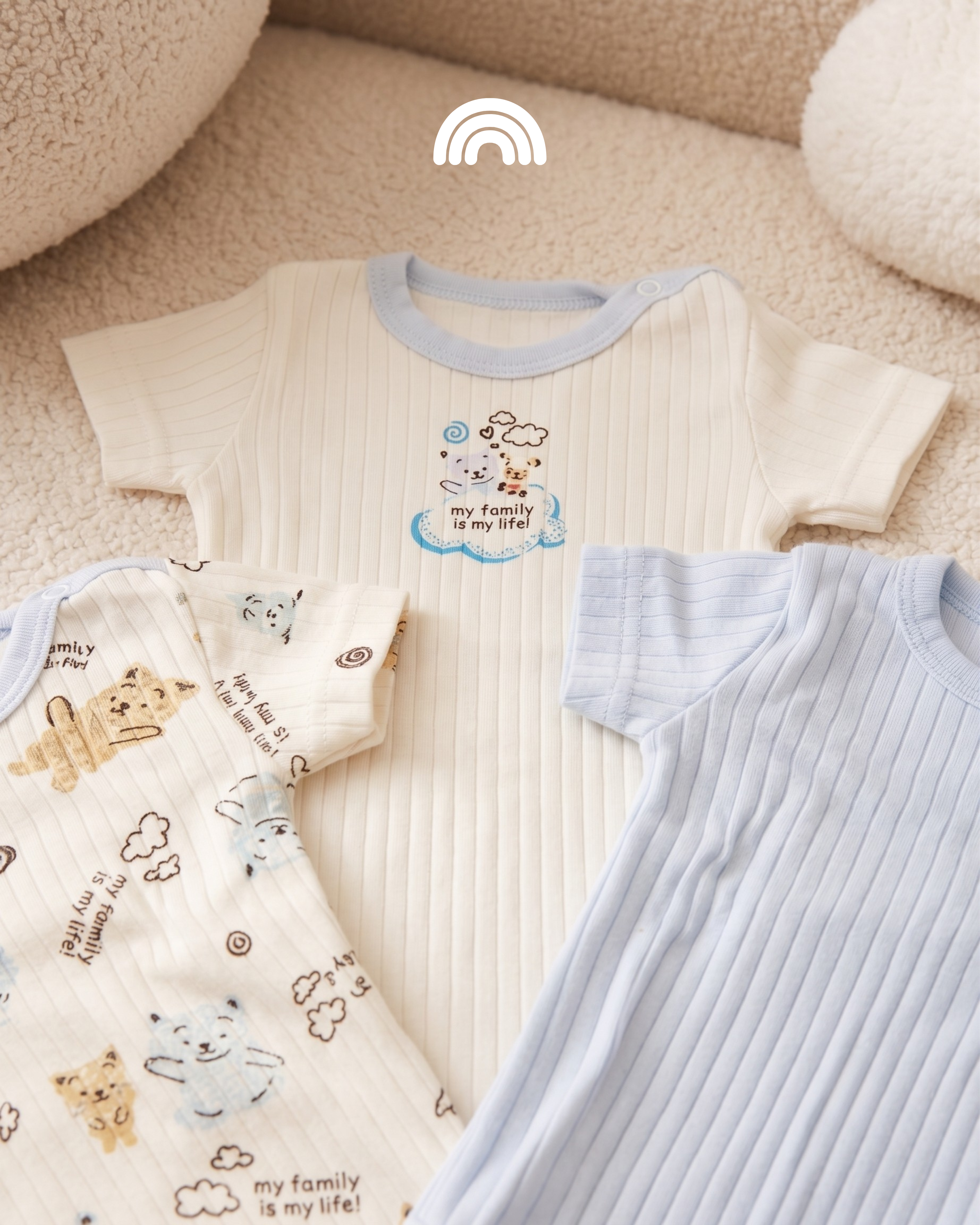 Pack de 3 Bodies Bébé Manches Courtes en Coton Côtelé – Bleu