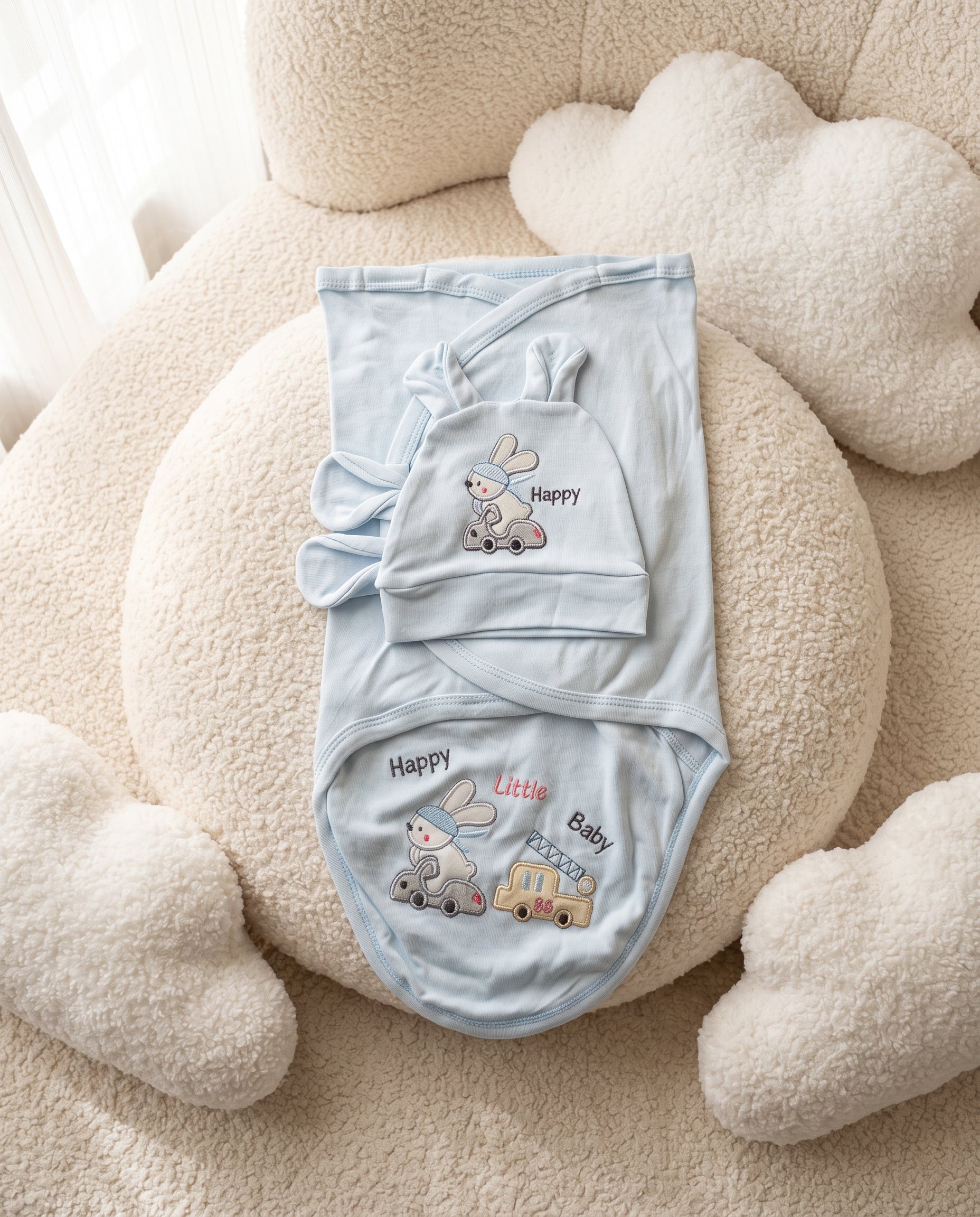 Gamat Couverture Emmaillotage Bébé garçon + Bonnet – 100% Coton
